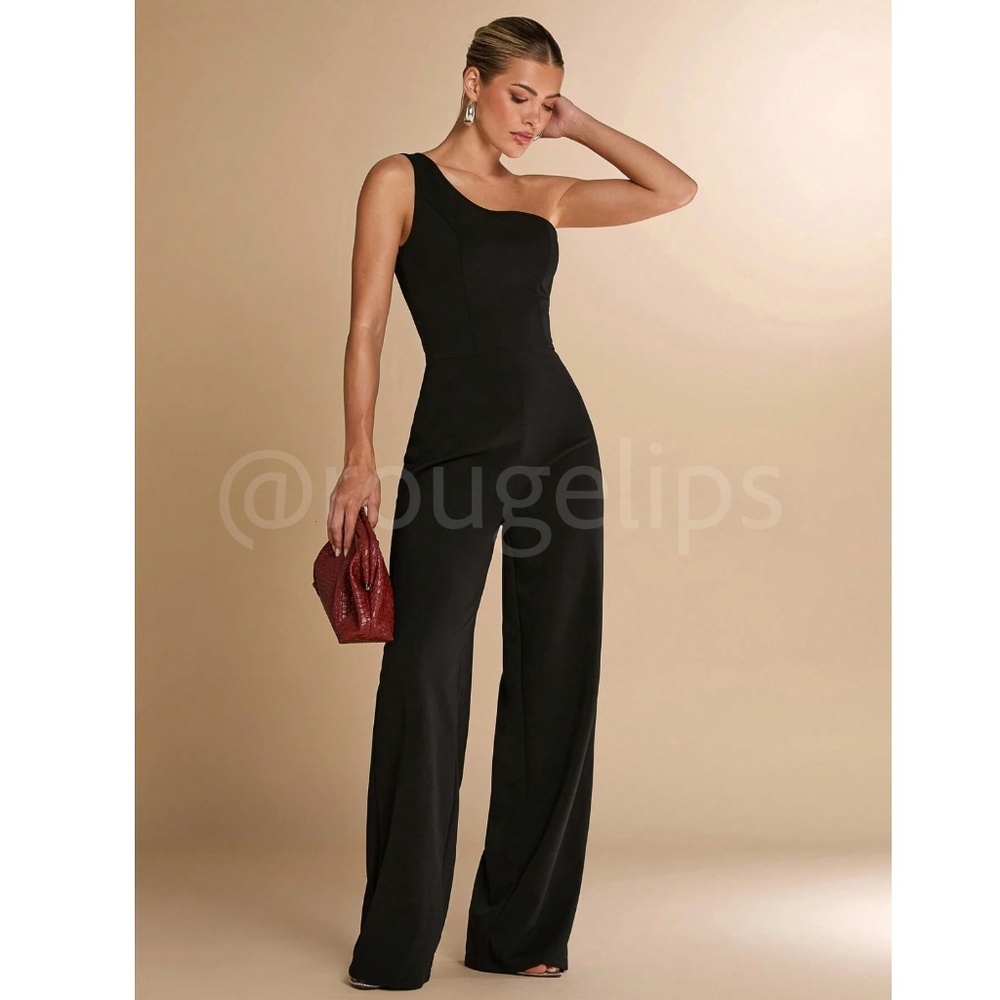 One Shoulder Black Elegant Jumpsuit High Waisted Long Wide Leg